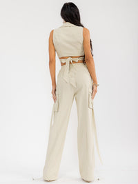 WOMEN'S SLEEVELESS WRAP CROP TOP & ELASTIC WAIST PANTS DENIM 2PC. SET