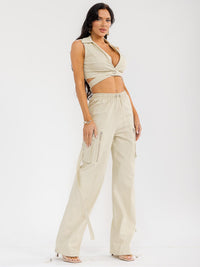 WOMEN'S SLEEVELESS WRAP CROP TOP & ELASTIC WAIST PANTS DENIM 2PC. SET