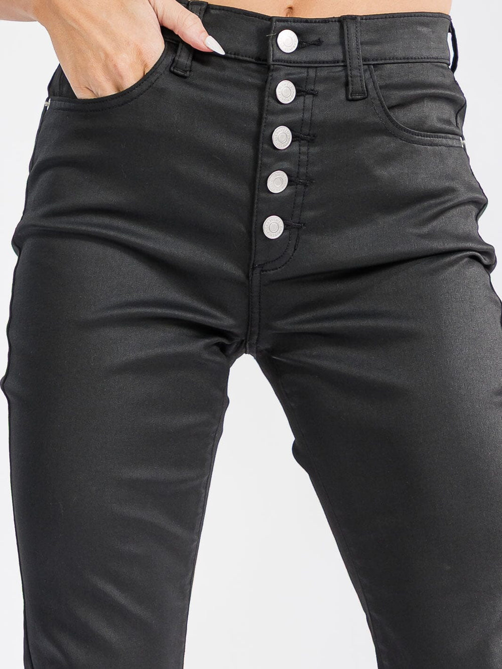 WOMEN'S BUTTON CLOSURE POCKETS SKINNY LEG STRETCH PANTS