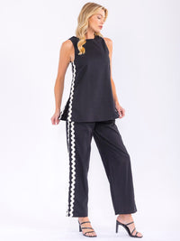 WOMEN'S SLEEVELESS TOP & WIDE LEG PANTS TRIM DETAILED 2PC. SET