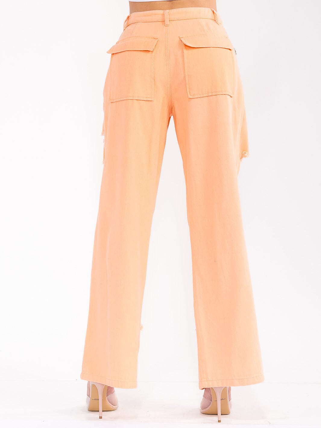 WOMEN'S BUTTON CLOSURE POCKETS DISTRESS DENIM WIDE LEG PANTS