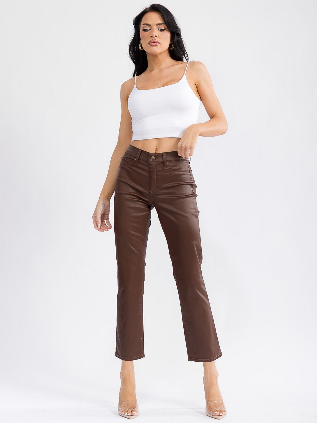 WOMEN'S BUTTON CLOSURE BACK POCKETS WIDE LEG PU PLEATHER PANTS