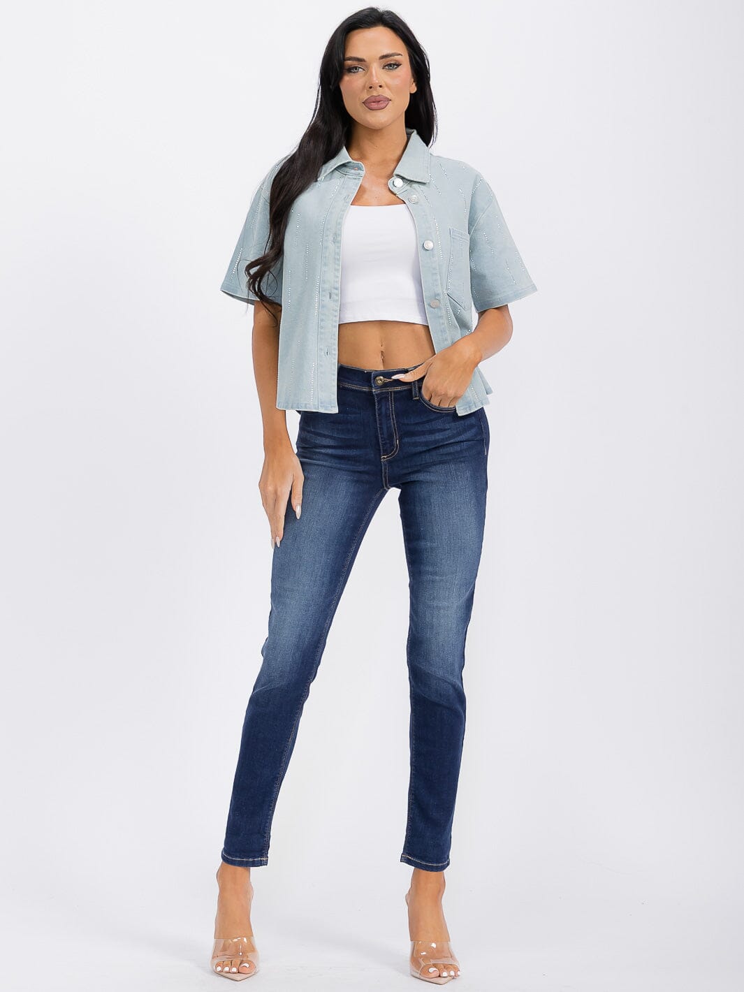 WOMEN'S SHORT SLEEVE FRONT POCKET BUTTON UP STUDS DENIM TOP