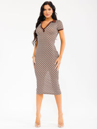 WOMEN'S SHORT SLEEVE V-NECK PRINT BODYCON MIDI DRESS