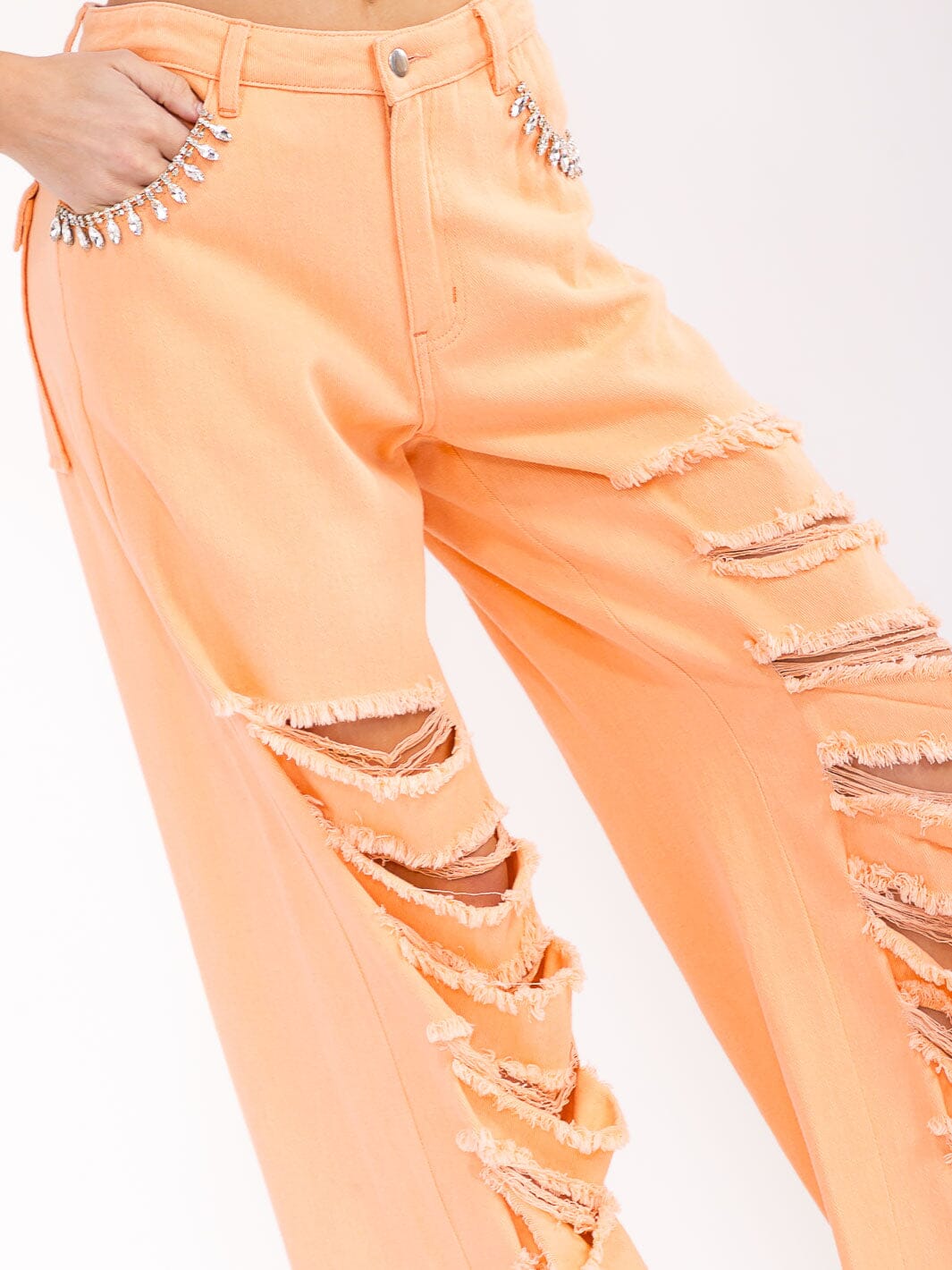 WOMEN'S BUTTON CLOSURE POCKETS DISTRESS DENIM WIDE LEG PANTS