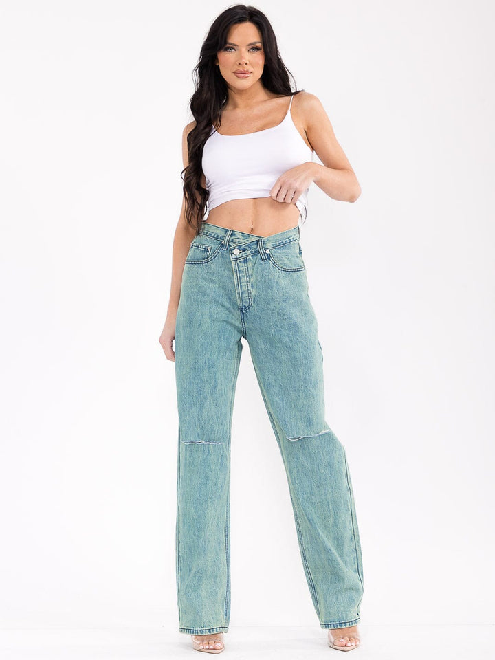 WOMEN'S BUTTON CLOSURE POCKETS WASHED WIDE LEG DISTRESS DENIM PANTS