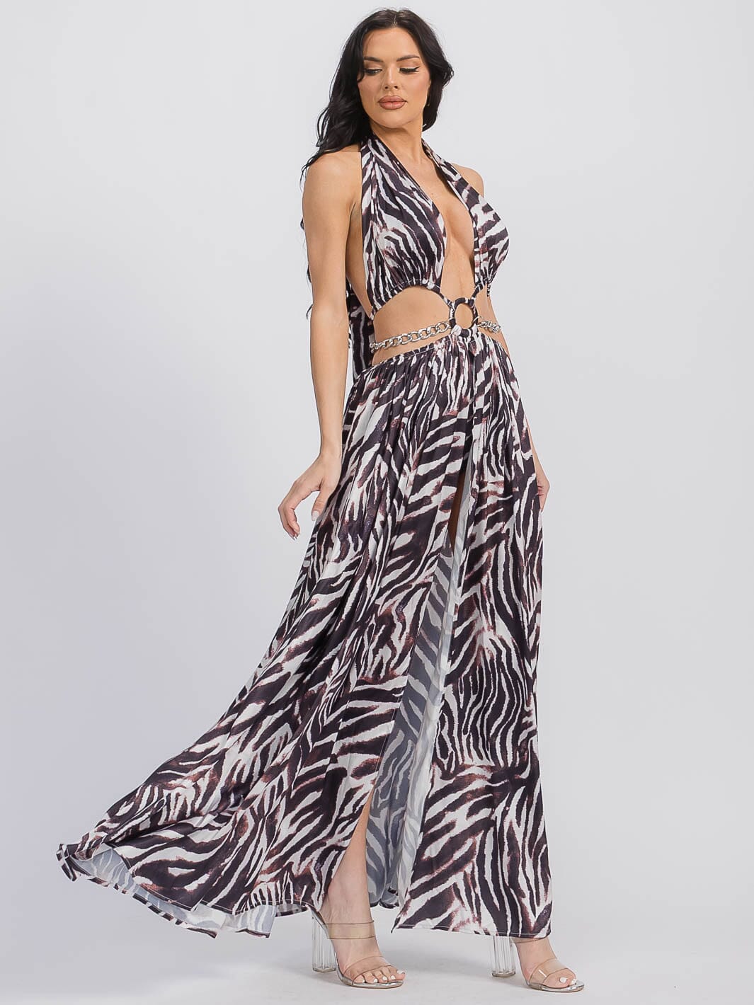 WOMEN'S SLEEVELESS NECK TIE OPEN BACK ZEBRA PRINT MAXI DRESS