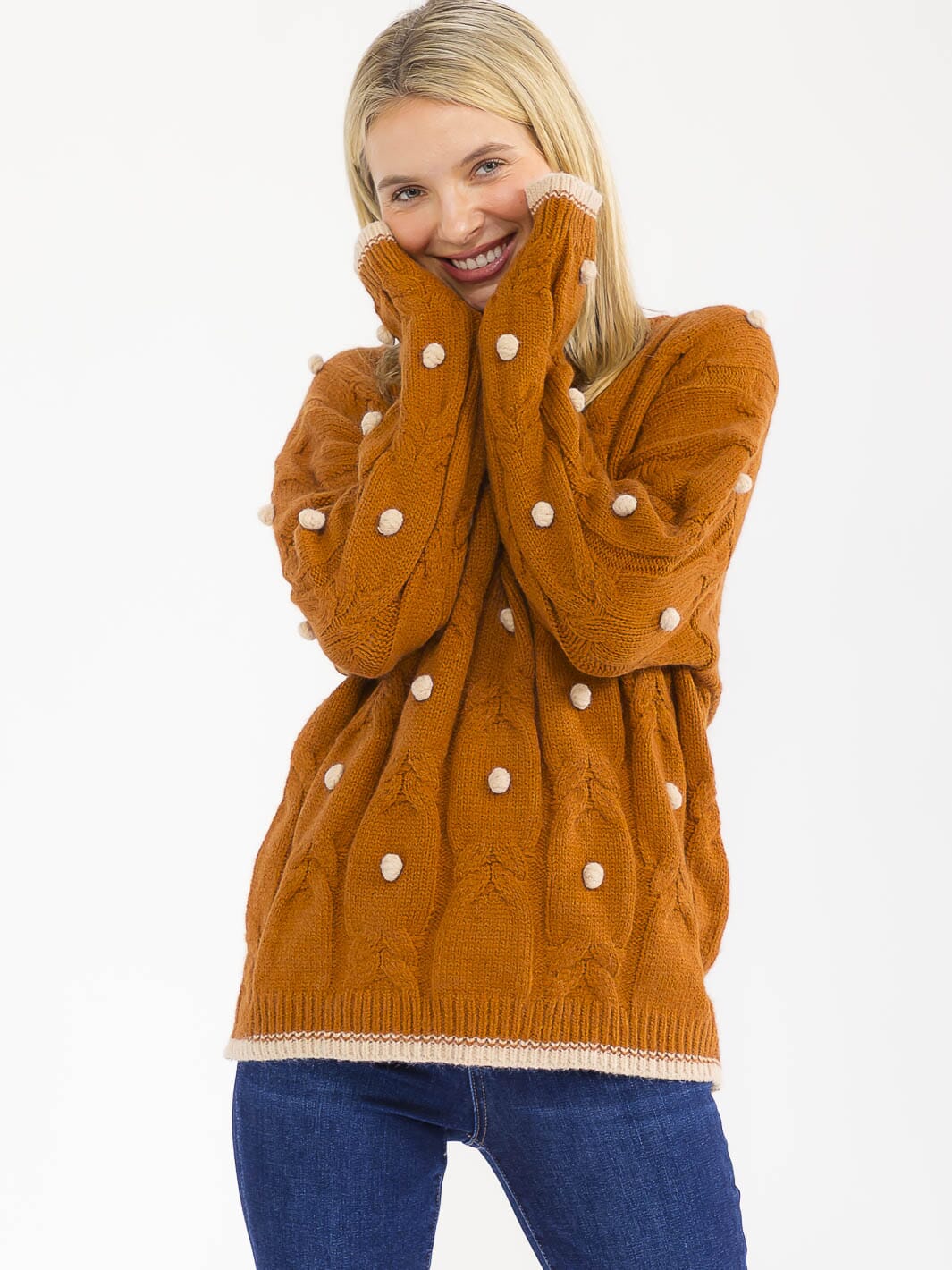 WOMEN'S LONG SLEEVE PULLOVER POM POM DETAILED SWEATER