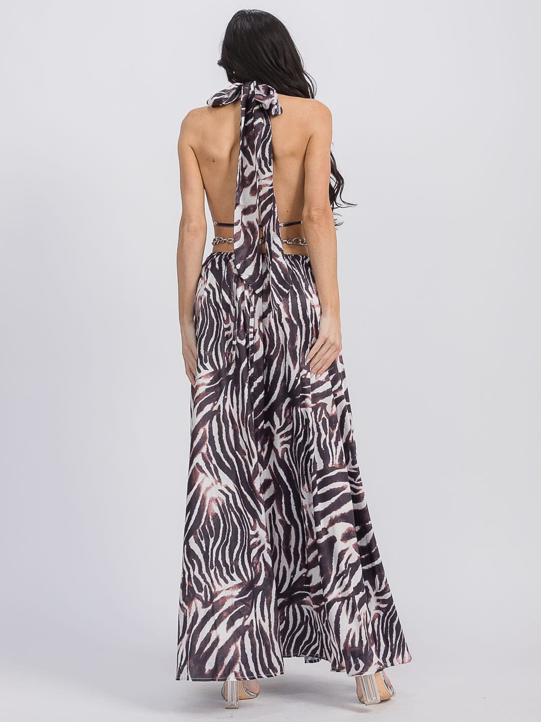 WOMEN'S SLEEVELESS NECK TIE OPEN BACK ZEBRA PRINT MAXI DRESS