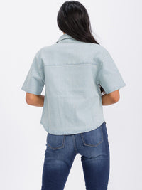 WOMEN'S SHORT SLEEVE FRONT POCKET BUTTON UP STUDS DENIM TOP