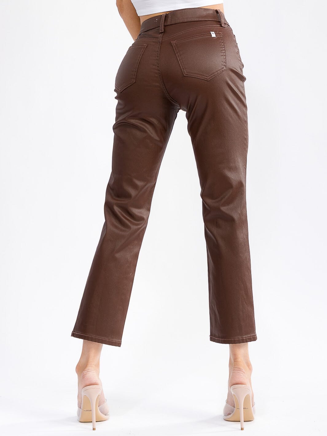 WOMEN'S BUTTON CLOSURE BACK POCKETS WIDE LEG PU PLEATHER PANTS