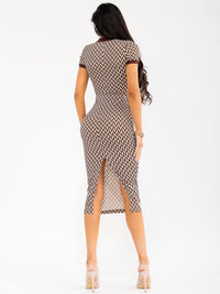 WOMEN'S SHORT SLEEVE V-NECK PRINT BODYCON MIDI DRESS