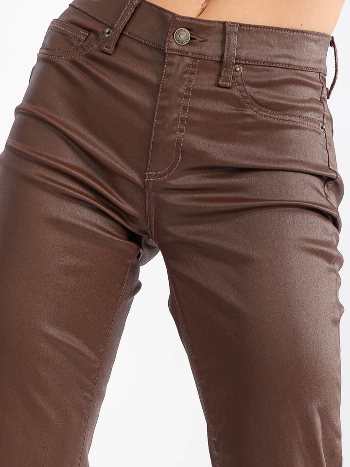 WOMEN'S BUTTON CLOSURE BACK POCKETS WIDE LEG PU PLEATHER PANTS