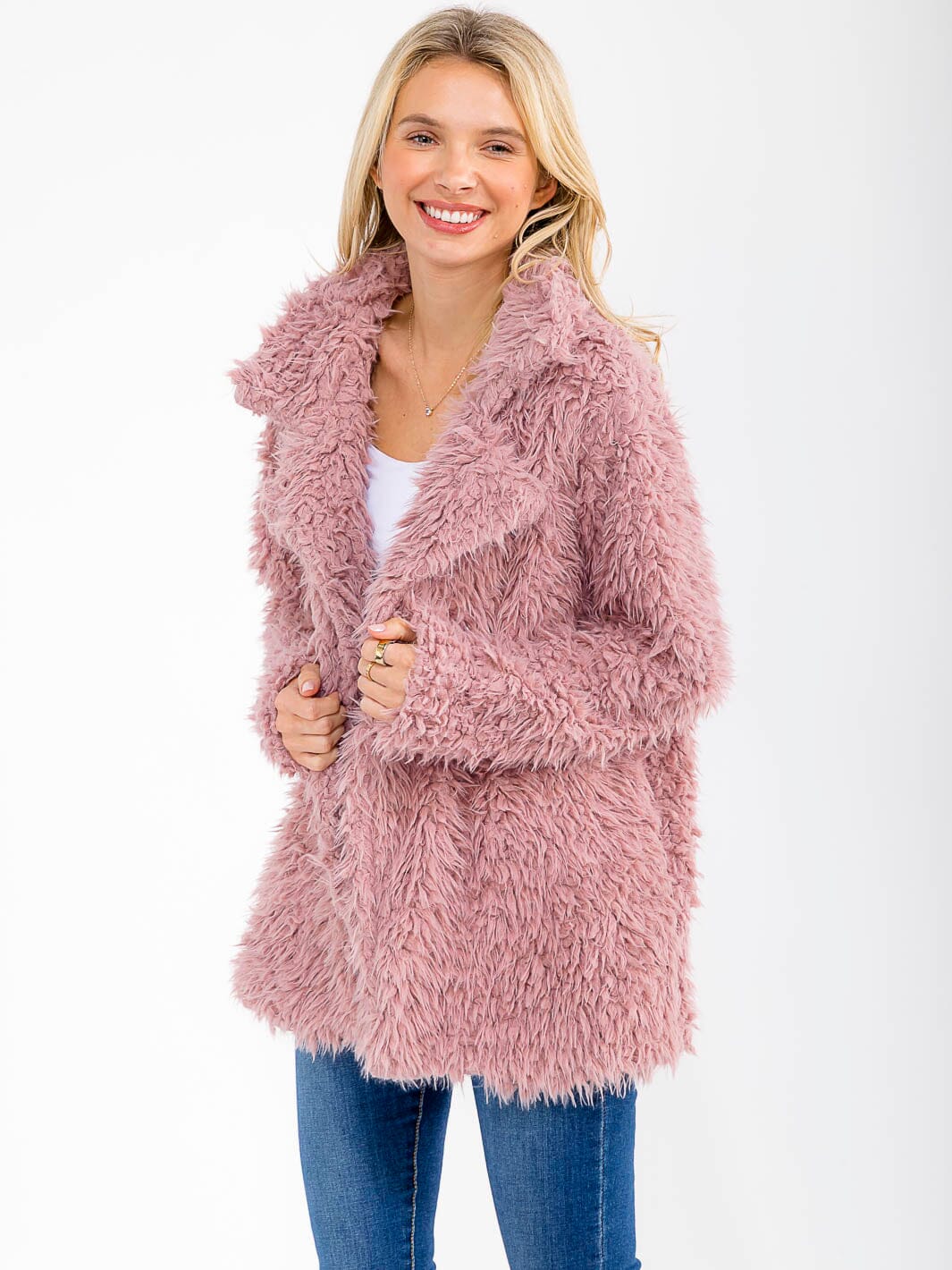 WOMEN'S LONG SLEEVE OPEN FRONT POCKETS SHERPA JACKET