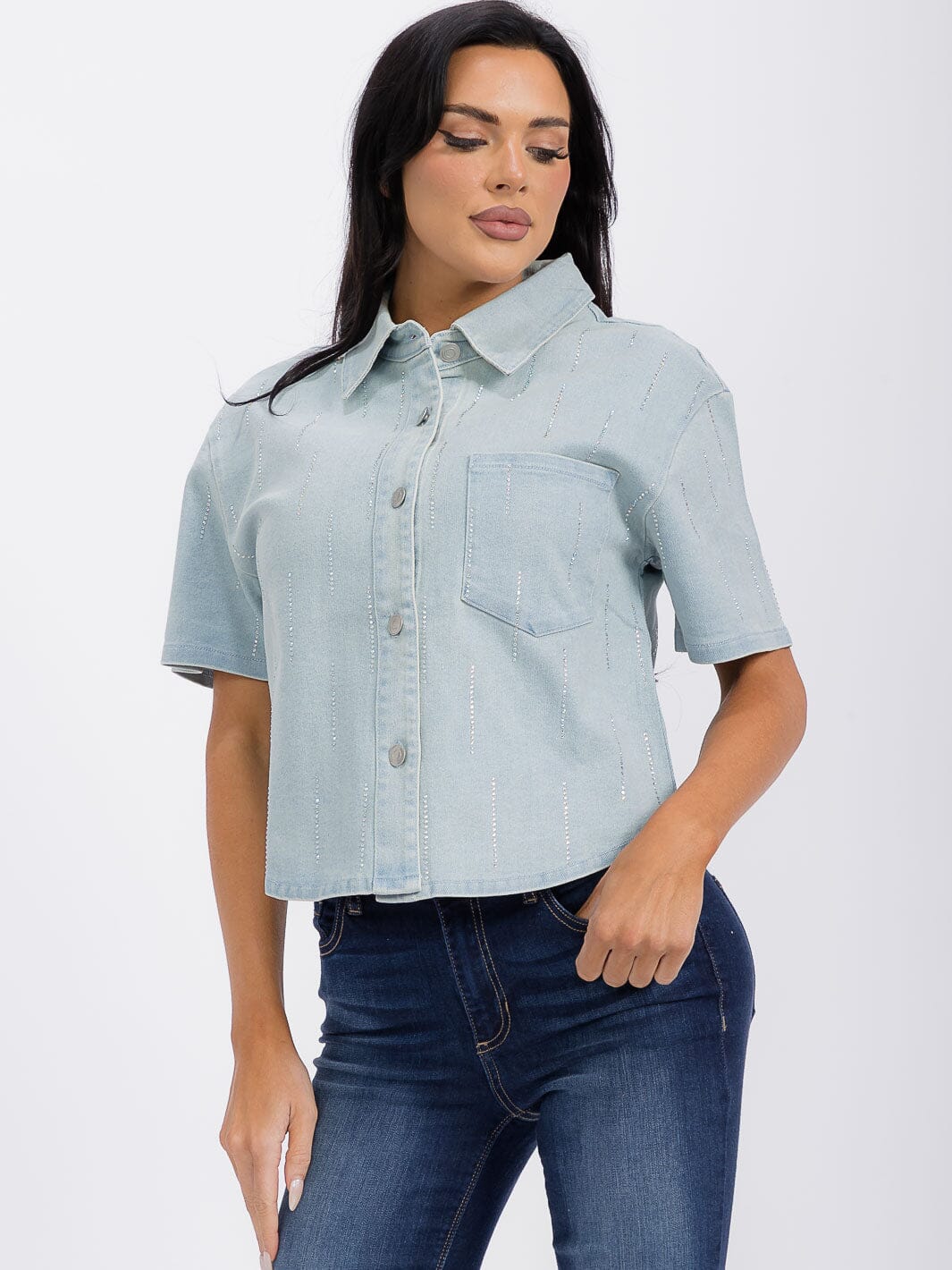 WOMEN'S SHORT SLEEVE FRONT POCKET BUTTON UP STUDS DENIM TOP
