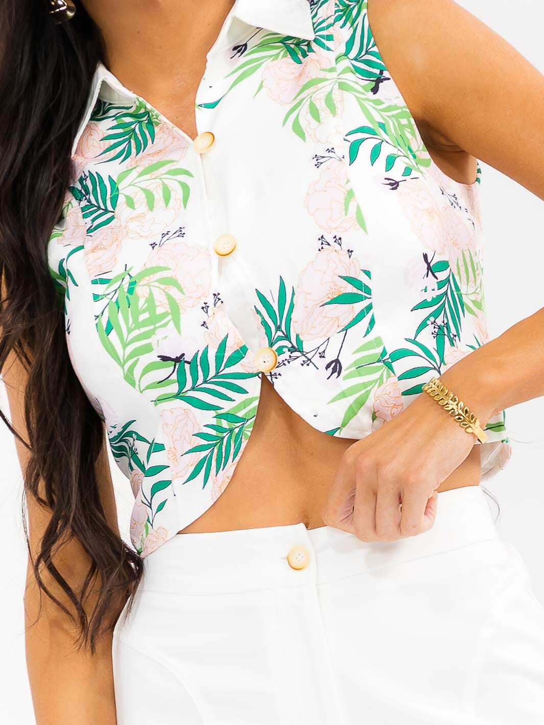 WOMEN'S SLEEVELESS CROP TOP & BUTTON CLOSURE PANTS FLORAL PRINT 2PC. SET