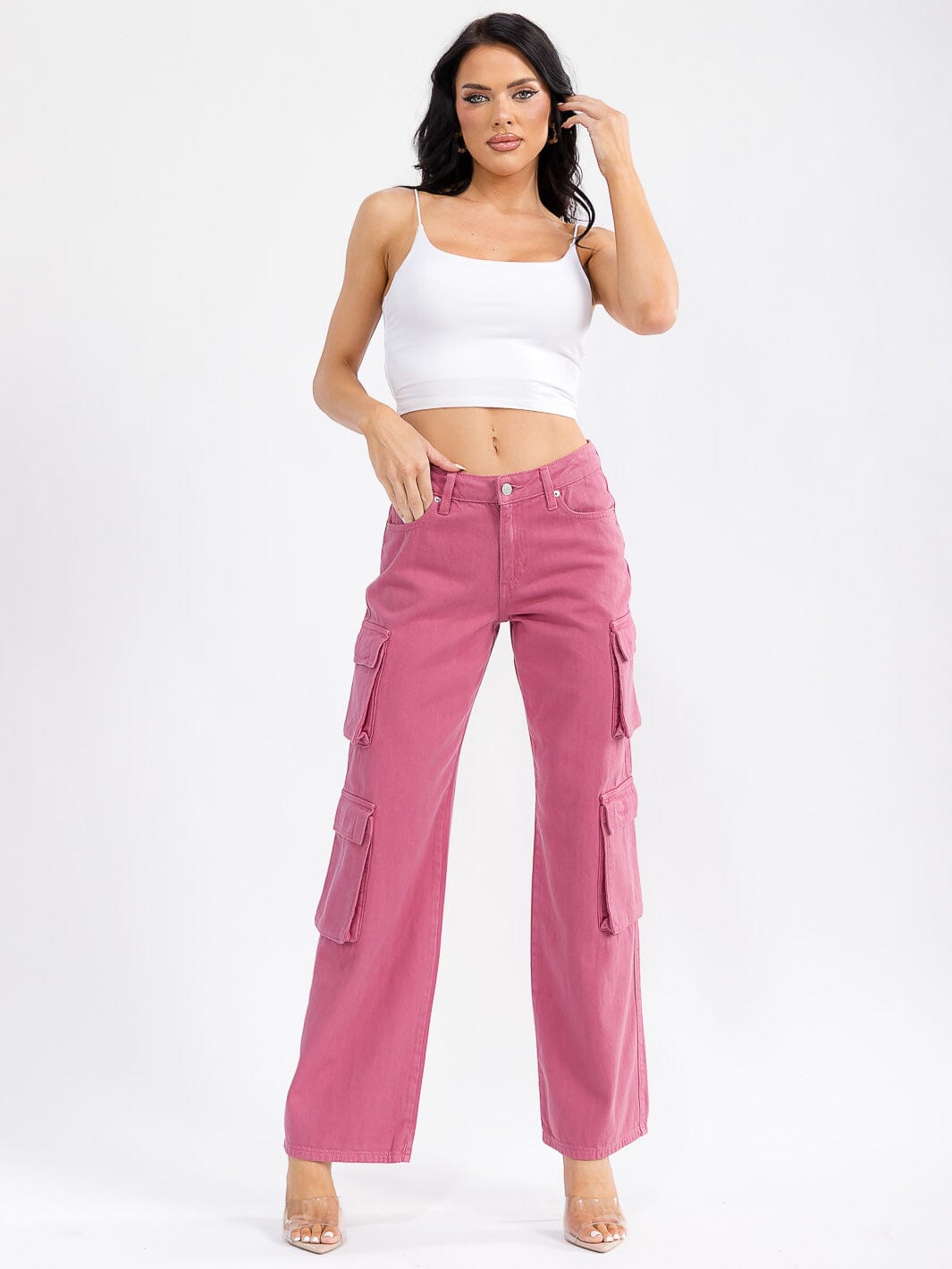 WOMEN'S BUTTON CLOSURE CARGO POCKETS WIDE LEG DENIM PANTS