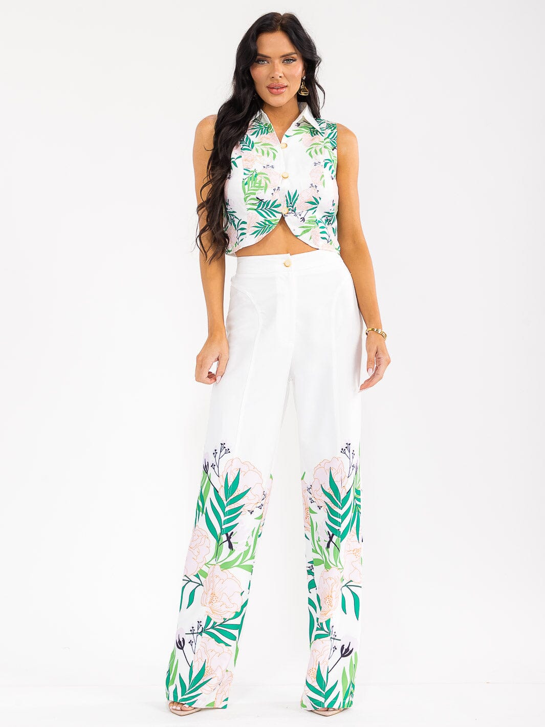 WOMEN'S SLEEVELESS CROP TOP & BUTTON CLOSURE PANTS FLORAL PRINT 2PC. SET