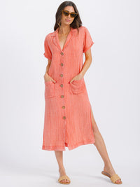 WOMEN'S SHORT SLEEVE BUTTON UP FRONT POCKETS WASHED MIDI DRESS