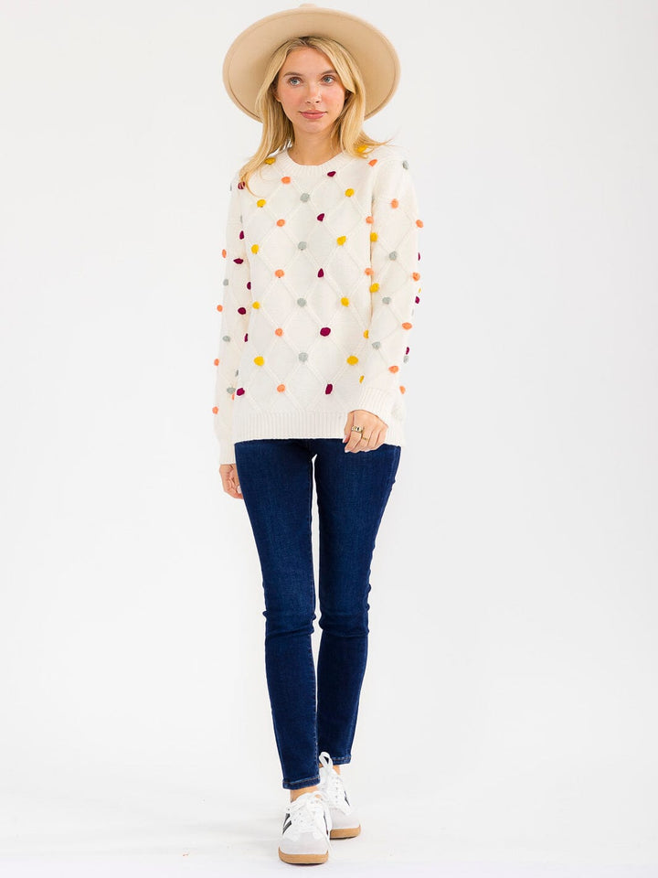 WOMEN'S LONG SLEEVE PULLOVER POM POM DETAILED SWEATER