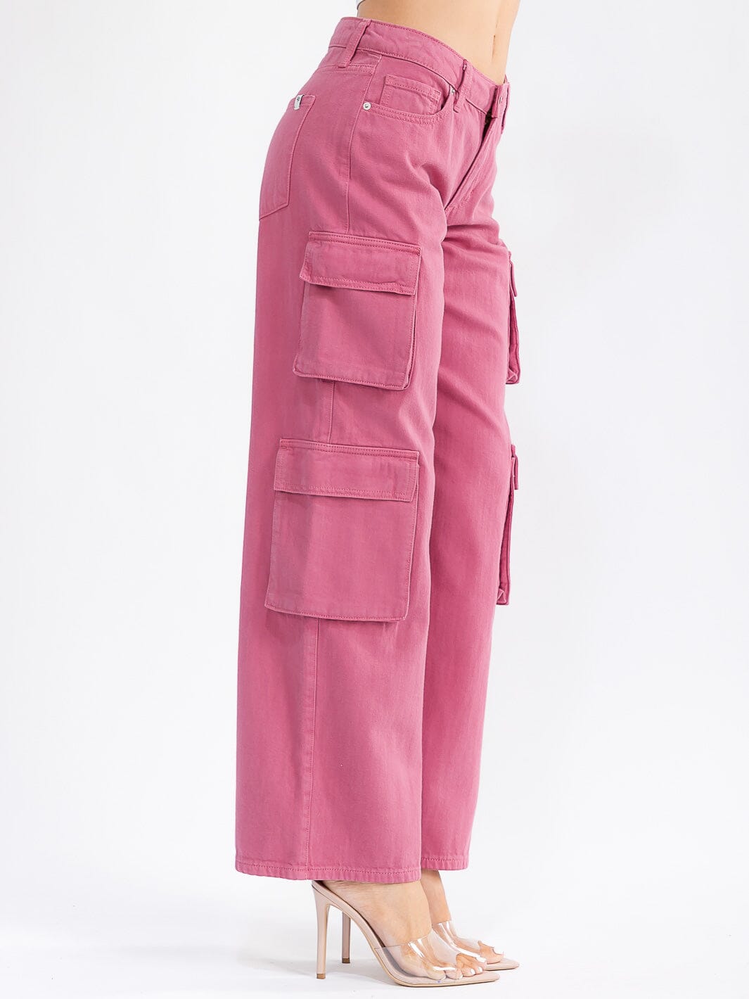 WOMEN'S BUTTON CLOSURE CARGO POCKETS WIDE LEG DENIM PANTS