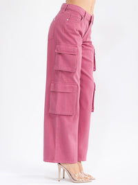 WOMEN'S BUTTON CLOSURE CARGO POCKETS WIDE LEG DENIM PANTS