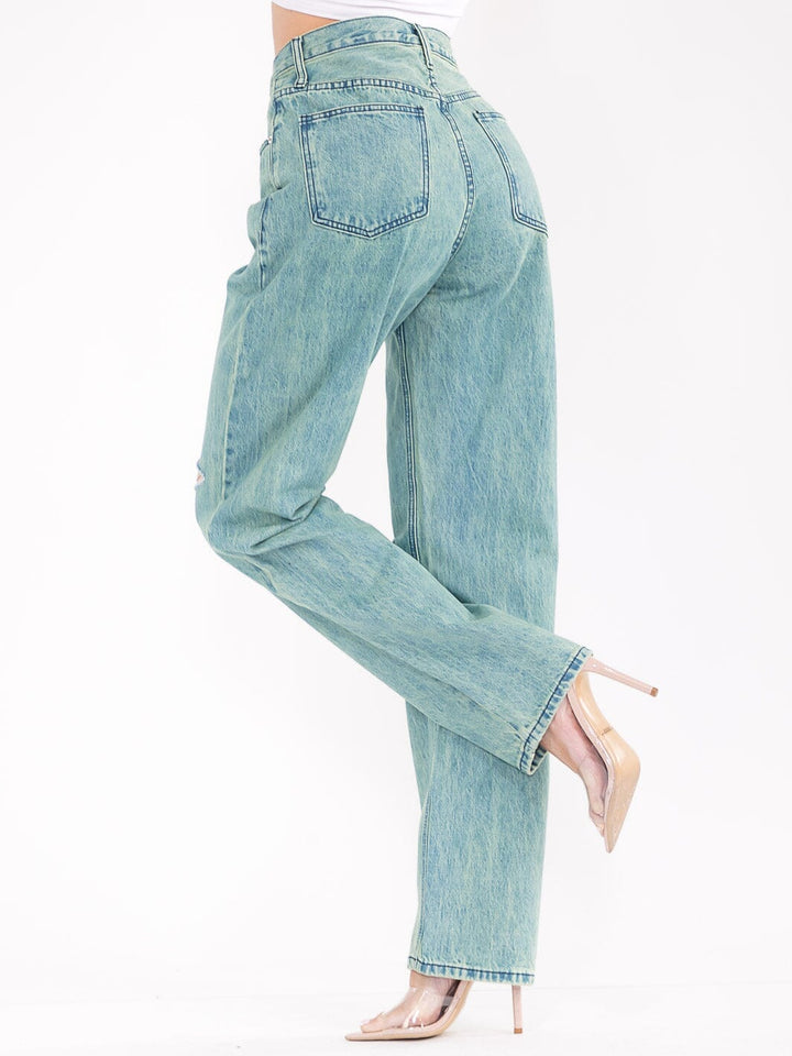 WOMEN'S BUTTON CLOSURE POCKETS WASHED WIDE LEG DISTRESS DENIM PANTS