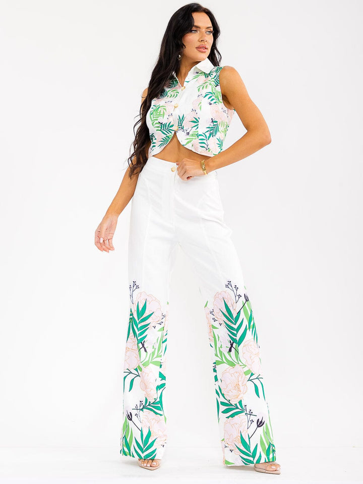 WOMEN'S SLEEVELESS CROP TOP & BUTTON CLOSURE PANTS FLORAL PRINT 2PC. SET