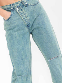 WOMEN'S BUTTON CLOSURE POCKETS WASHED WIDE LEG DISTRESS DENIM PANTS