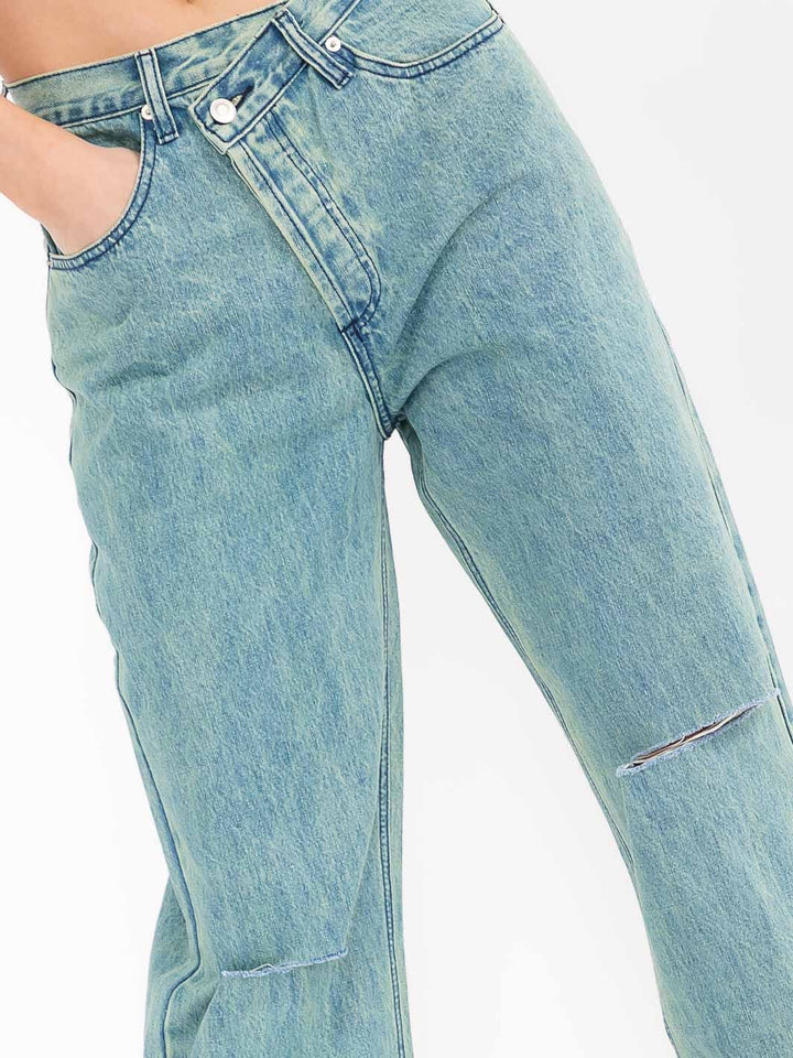 WOMEN'S BUTTON CLOSURE POCKETS WASHED WIDE LEG DISTRESS DENIM PANTS
