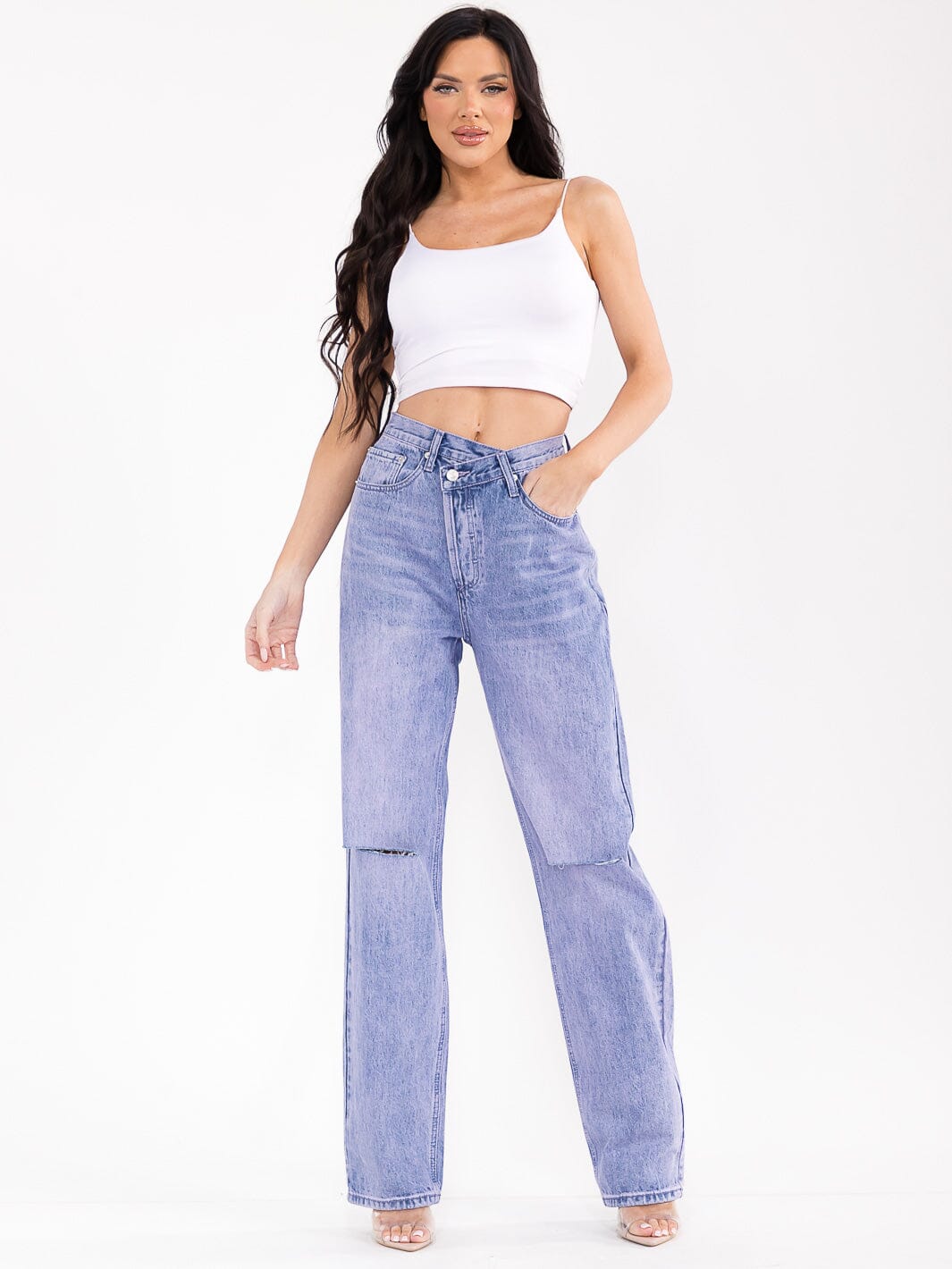 WOMEN'S BUTTON CLOSURE POCKETS WASHED WIDE LEG DISTRESS DENIM PANTS