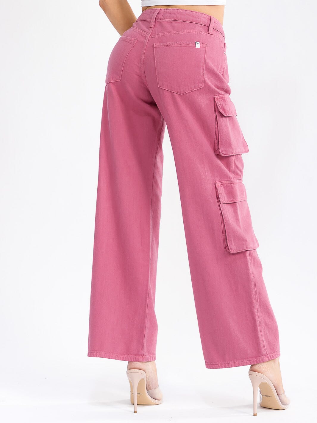 WOMEN'S BUTTON CLOSURE CARGO POCKETS WIDE LEG DENIM PANTS