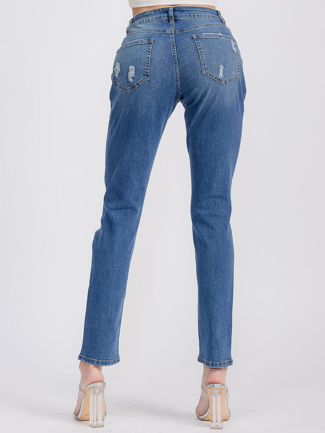 WOMEN'S BUTTON CLOSURE FLORAL DISTRESS DENIM PANTS