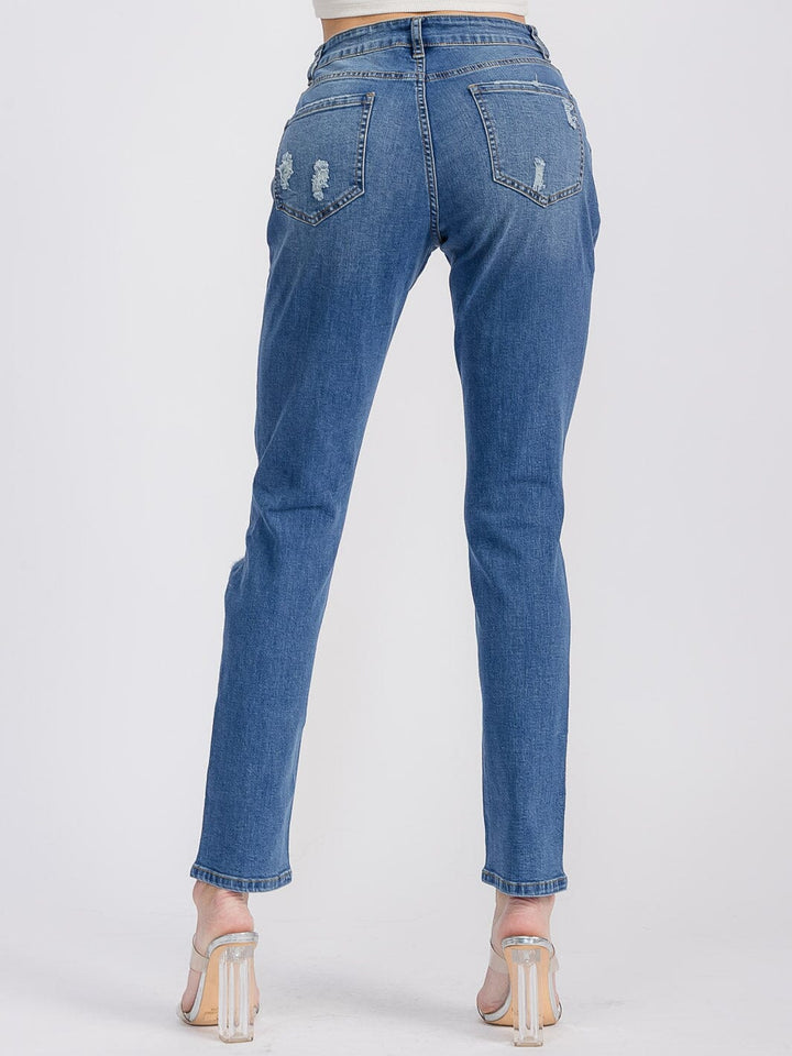 WOMEN'S BUTTON CLOSURE FLORAL DISTRESS DENIM PANTS