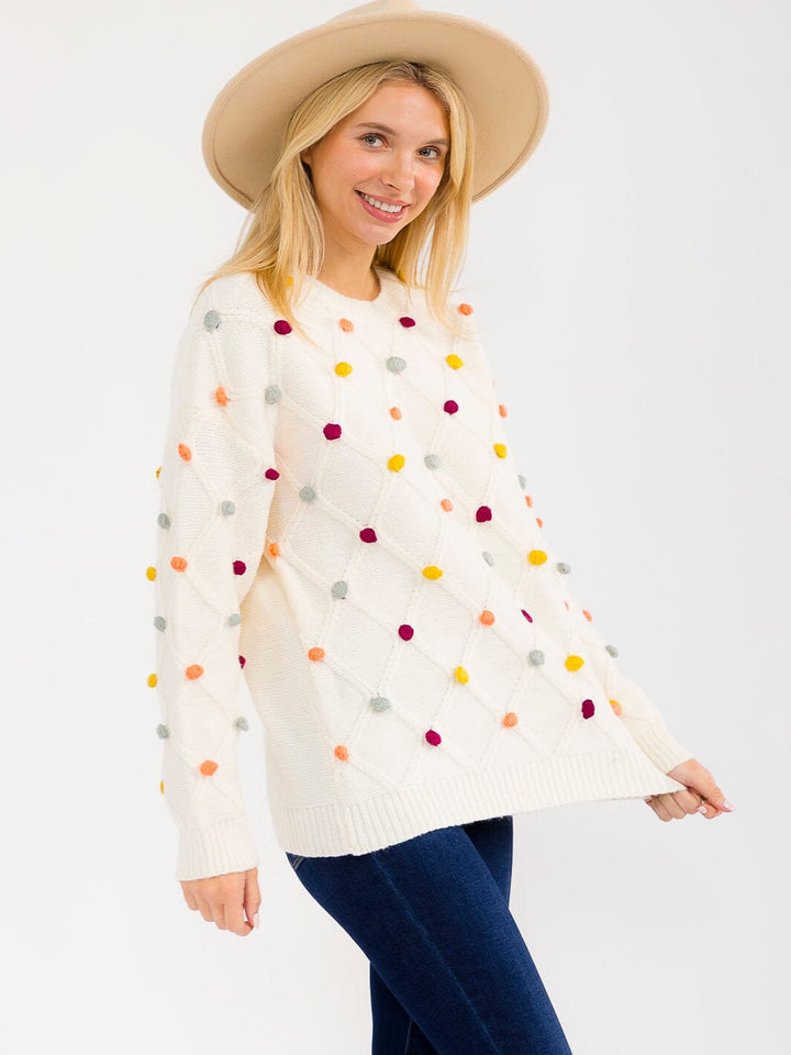 WOMEN'S LONG SLEEVE PULLOVER POM POM DETAILED SWEATER