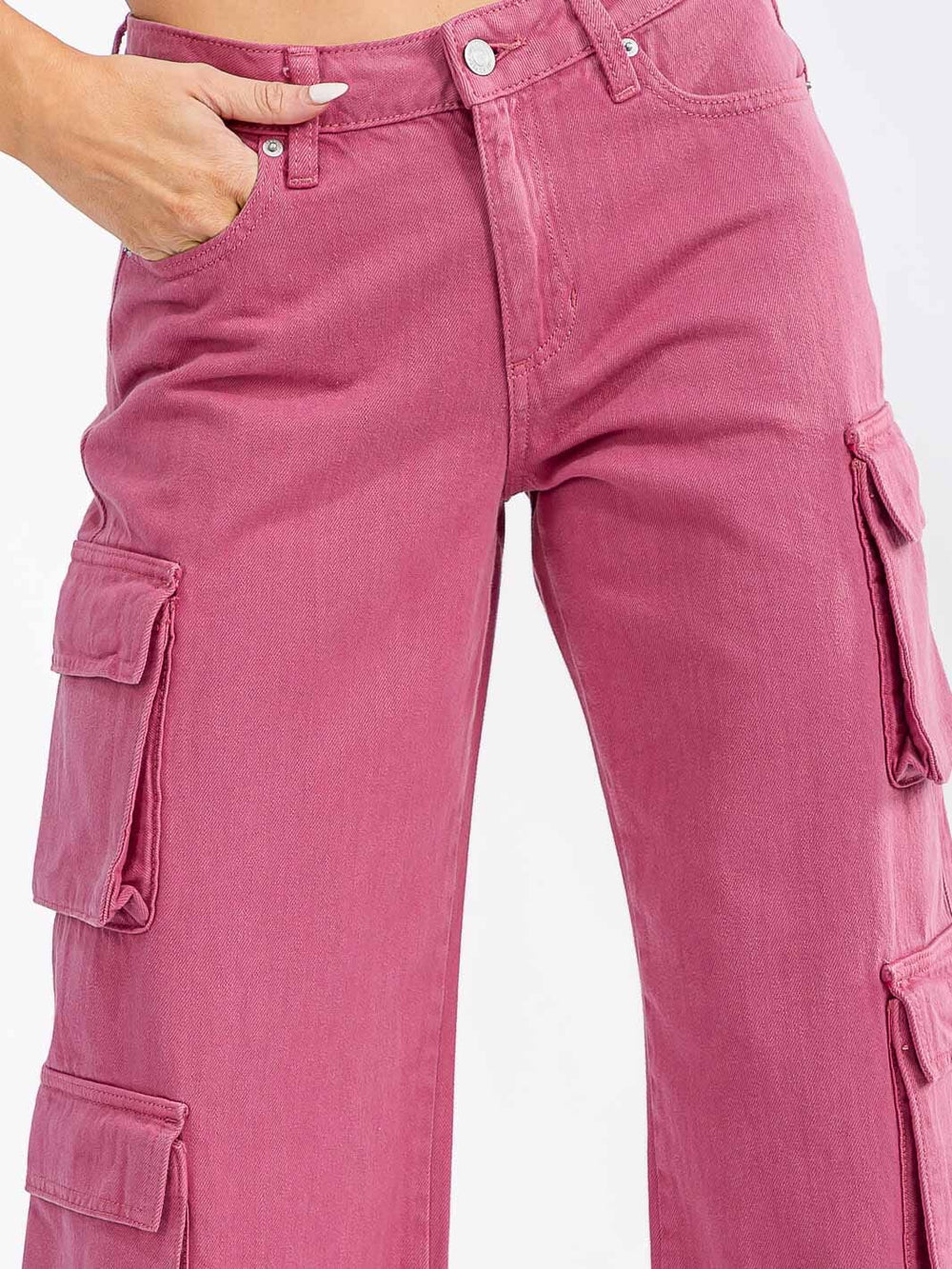 WOMEN'S BUTTON CLOSURE CARGO POCKETS WIDE LEG DENIM PANTS