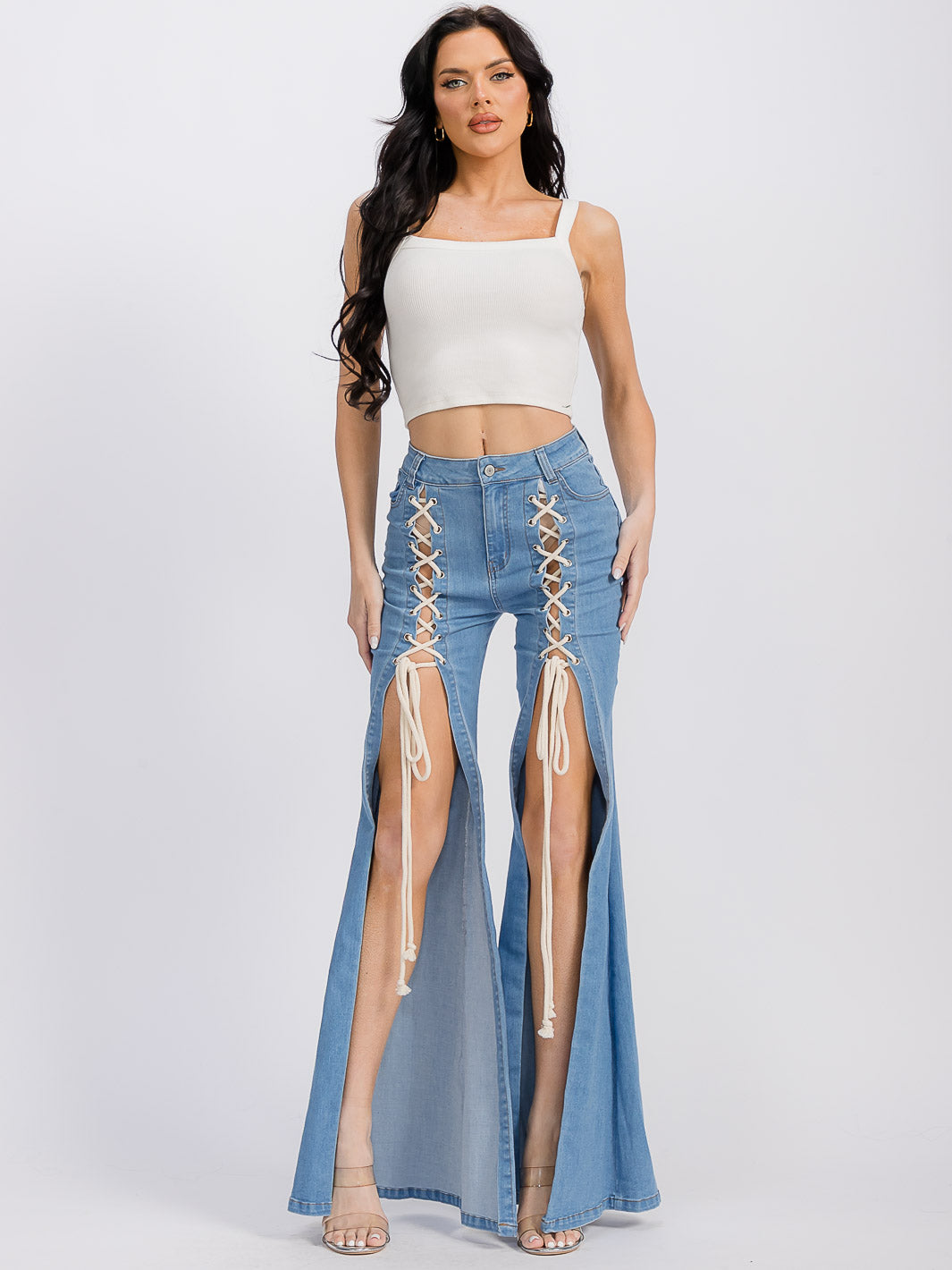 WOMEN'S BUTTON CLOSURE LACE UP BELL BOTTOM DENIM PANTS