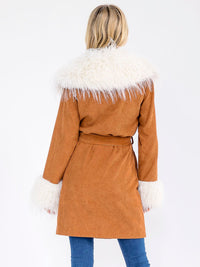 WOMEN'S LONG SLEEVE OPEN FRONT SELF TIE RIBBED FAUX-FUR COAT