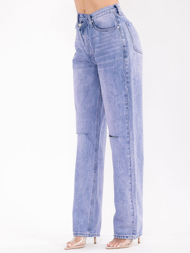 WOMEN'S BUTTON CLOSURE POCKETS WASHED WIDE LEG DISTRESS DENIM PANTS
