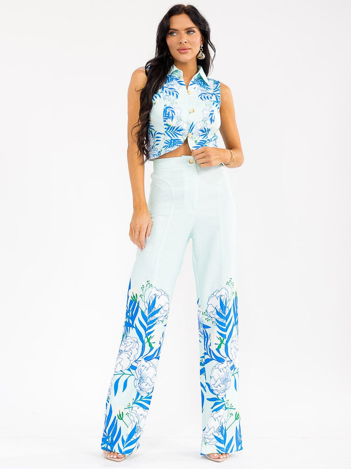 WOMEN'S SLEEVELESS CROP TOP & BUTTON CLOSURE PANTS FLORAL PRINT 2PC. SET