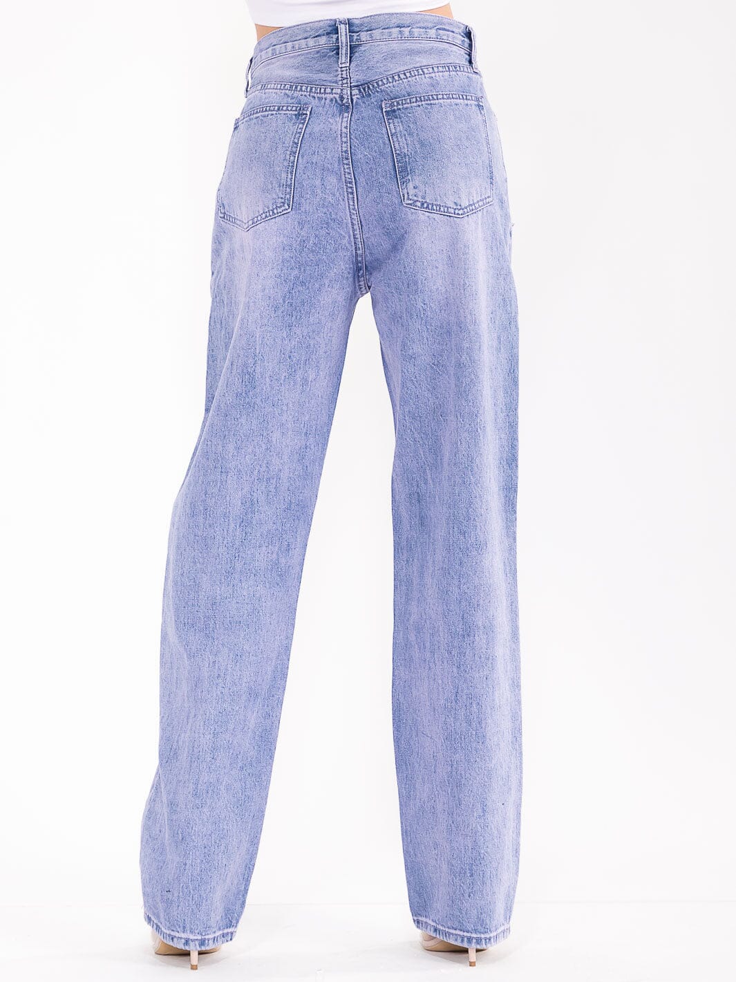 WOMEN'S BUTTON CLOSURE POCKETS WASHED WIDE LEG DISTRESS DENIM PANTS