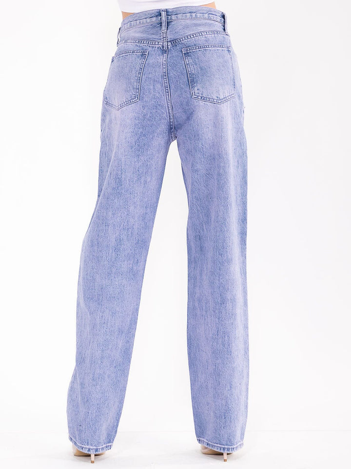 WOMEN'S BUTTON CLOSURE POCKETS WASHED WIDE LEG DISTRESS DENIM PANTS