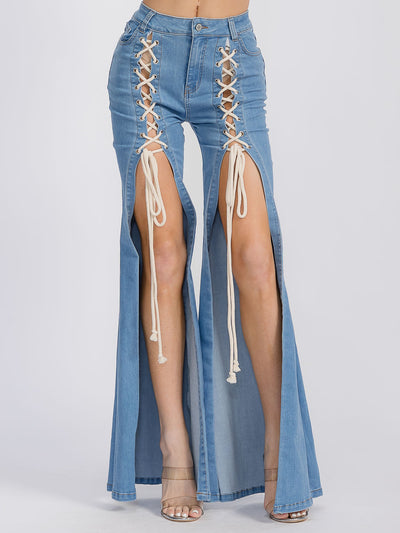 WOMEN'S BUTTON CLOSURE LACE UP BELL BOTTOM DENIM PANTS