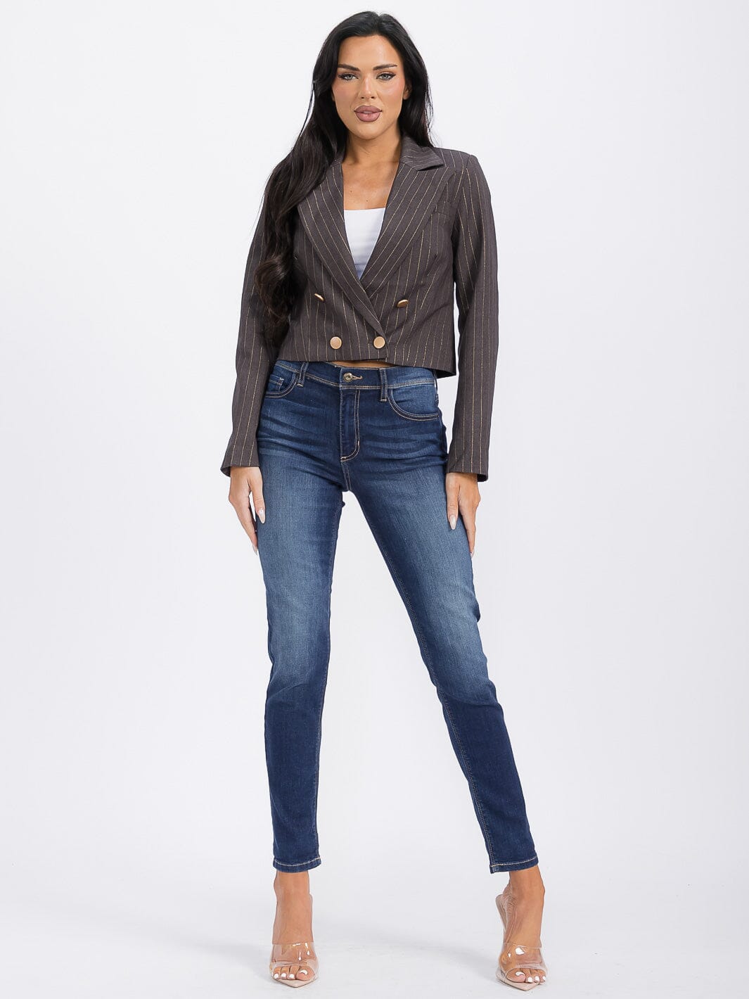 WOMEN'S LONG SLEEVE BUTTON CLOSURE SRTIPES BLAZER