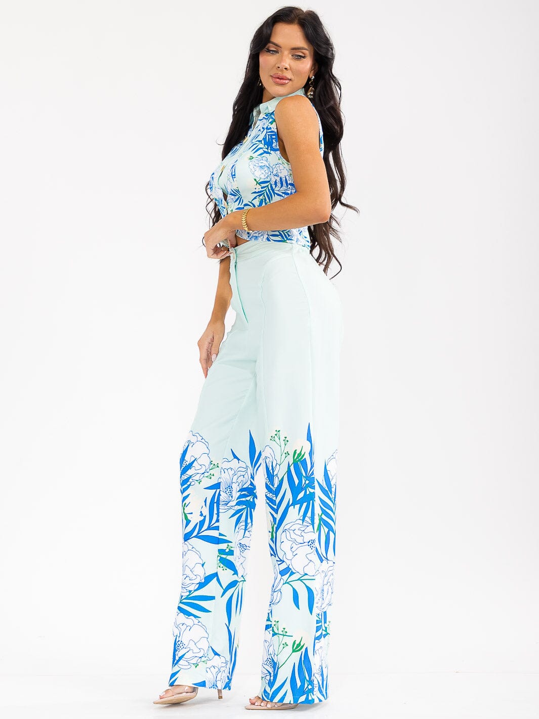 WOMEN'S SLEEVELESS CROP TOP & BUTTON CLOSURE PANTS FLORAL PRINT 2PC. SET