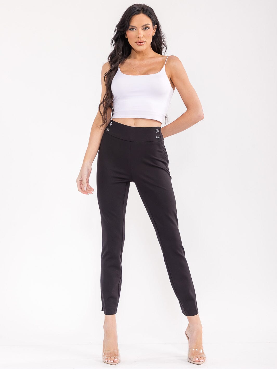 WOMEN'S ELASTIC WAIST SKINNY LEG BUTTONS DETAILED PANTS