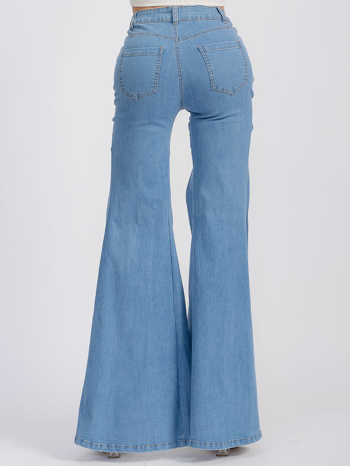 WOMEN'S BUTTON CLOSURE LACE UP BELL BOTTOM DENIM PANTS