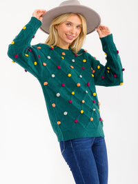 WOMEN'S LONG SLEEVE PULLOVER POM POM DETAILED SWEATER