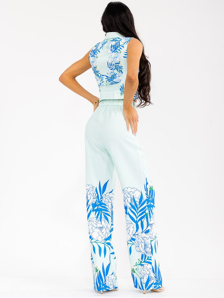 WOMEN'S SLEEVELESS CROP TOP & BUTTON CLOSURE PANTS FLORAL PRINT 2PC. SET