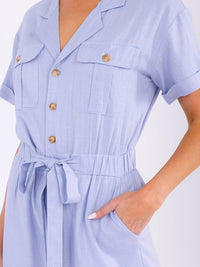WOMEN'S SHORT SLEEVE BUTTON UP POCKETS ELASTIC WAIST ROMPER